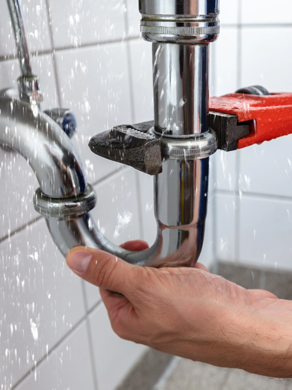 Plombier réparant une fuite d'eau sous un évier avec une clé à molette, détection et réparation de fuite